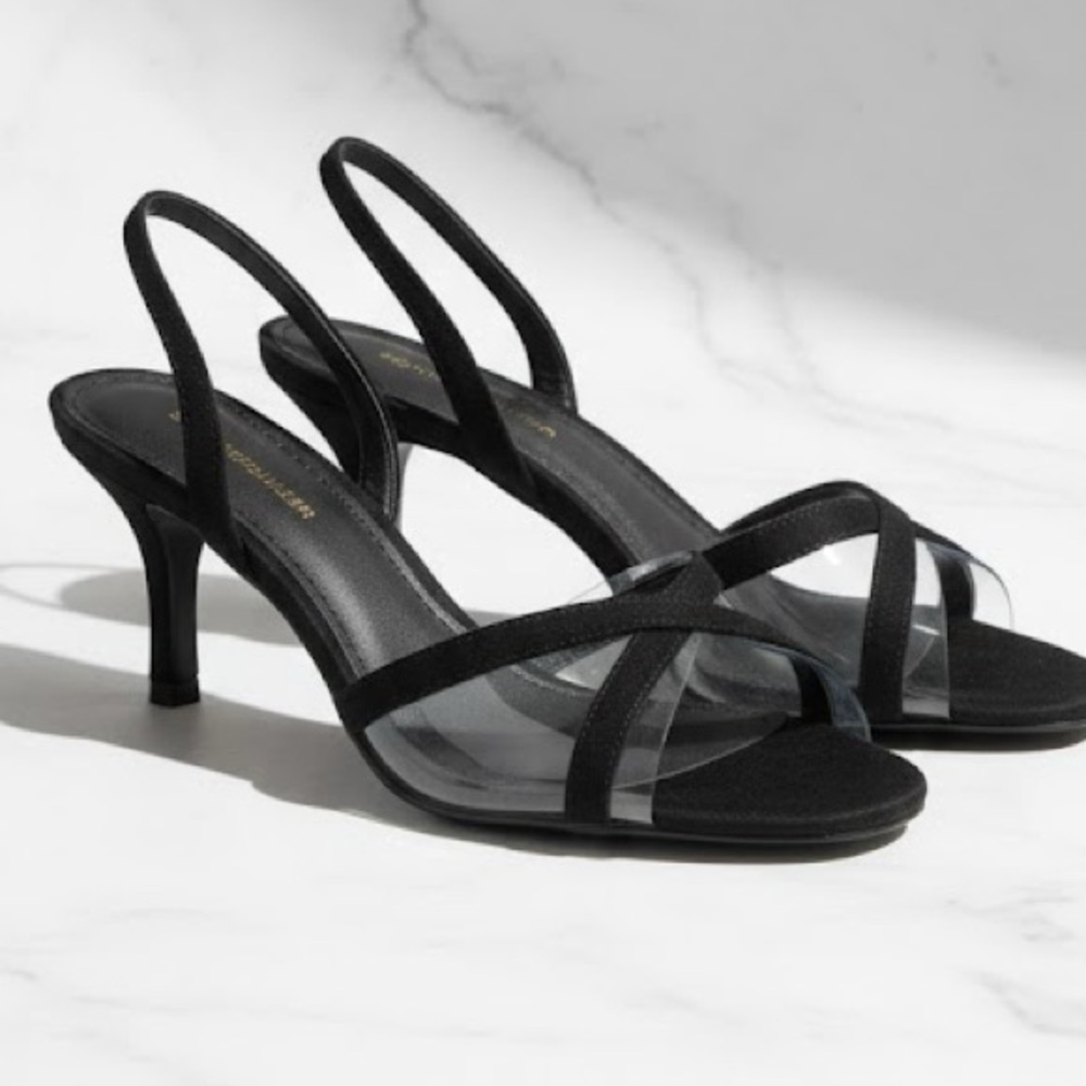 Chic Black Slingback Heels with Clear Criss-Cross Straps Size 9
